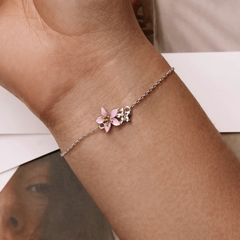 Bransoletka srebrna 925 WOSTU różowa sakura regulowana Czarny