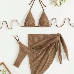Brązowe bikini 3-częściowe halter push-up z spódniczką Beżowy