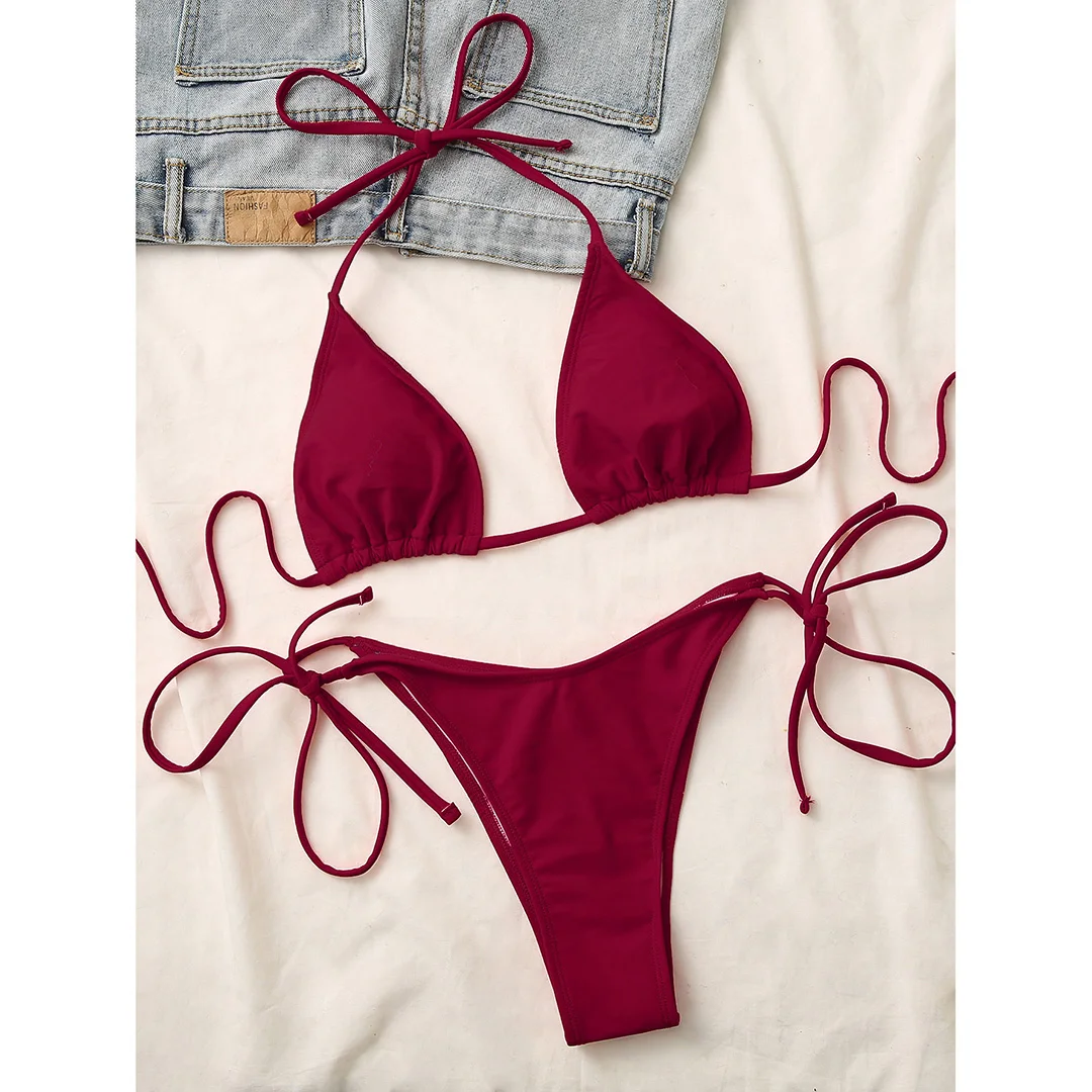 Brazylijskie bikini halter z wyściółką — klasyczny zestaw kąpielowy Kolor czerwonego wina