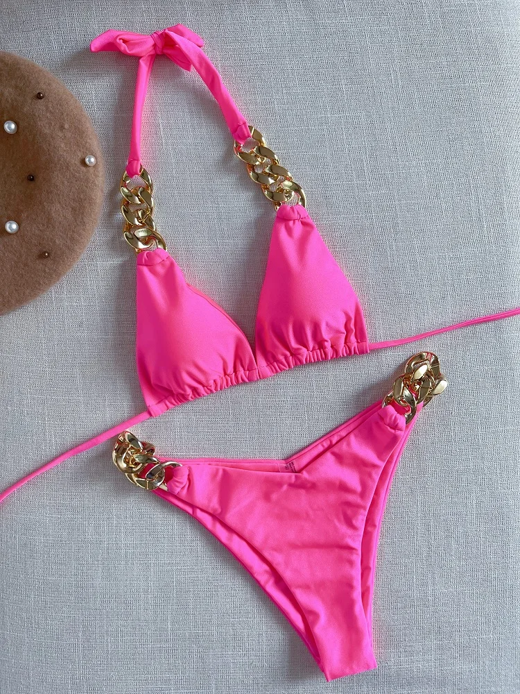Brazylijskie bikini push up z trójkątnymi miseczkami i wiązaniem Beżowy