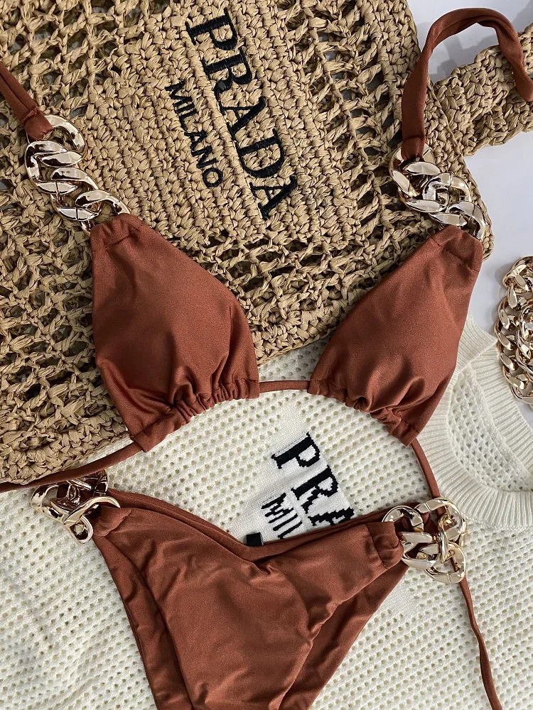Brazylijskie bikini push up z trójkątnymi miseczkami i wiązaniem Brązowy