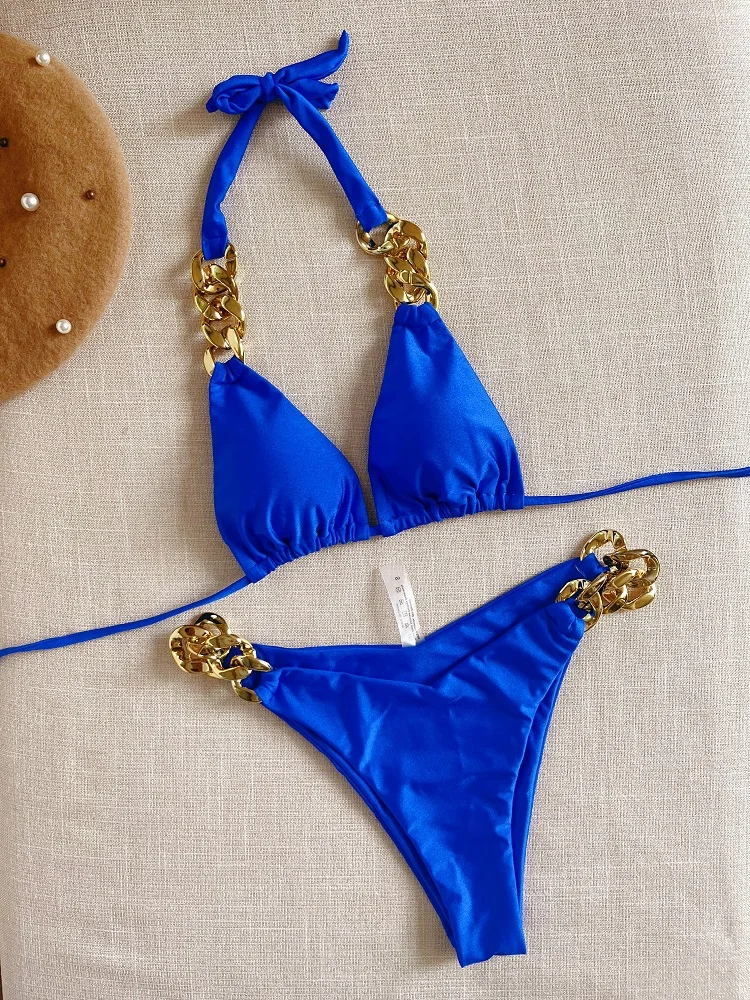 Brazylijskie bikini push up z trójkątnymi miseczkami i wiązaniem Złoto