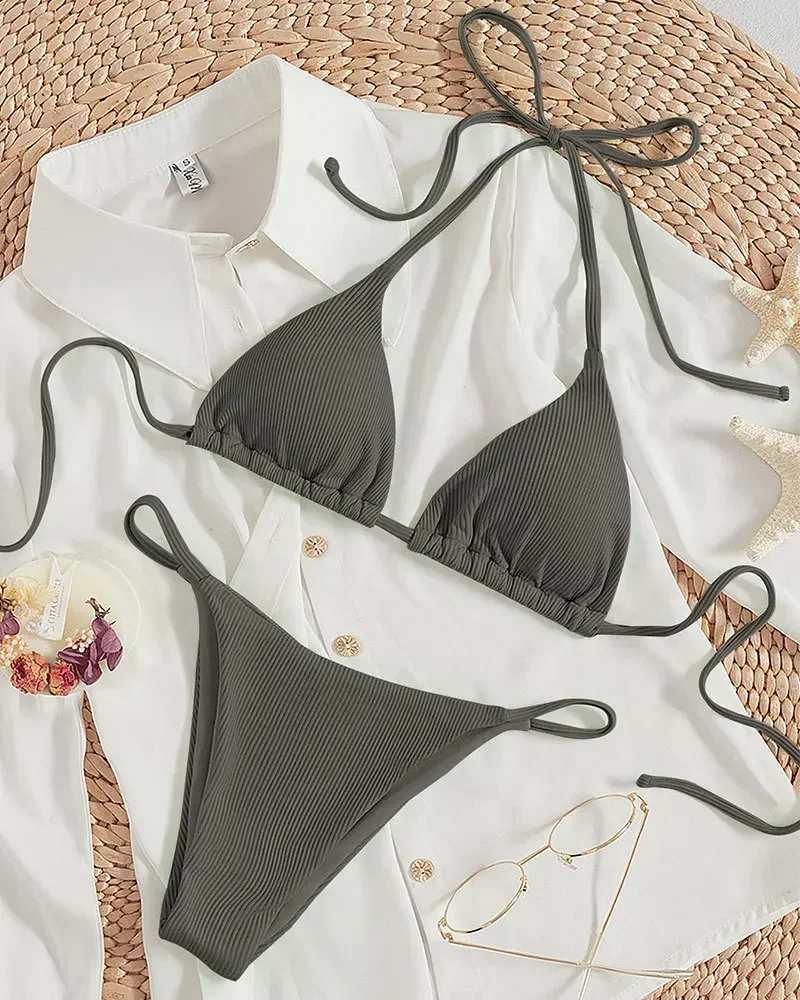 Seksowne brazylijskie bikini ze stringami i wiązaniem na szyi Khaki