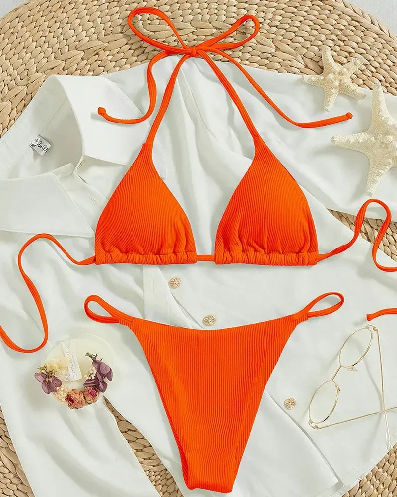Seksowne brazylijskie bikini ze stringami i wiązaniem na szyi Pomarańczowy