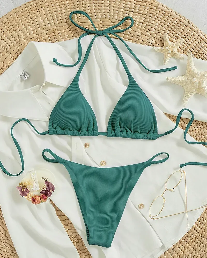 Seksowne brazylijskie bikini ze stringami i wiązaniem na szyi Szary