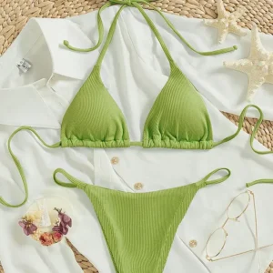 Seksowne brazylijskie bikini ze stringami i wiązaniem na szyi Zielony