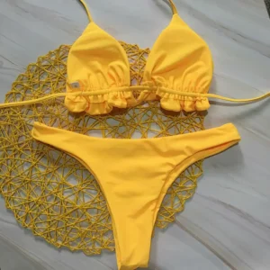 Brazylijskie bikini wiązane sznurkami — letni zestaw plażowy żółty