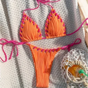 Brazylijskie bikini damskie do pływania — seksowny strój kąpielowy na plażę Beżowy