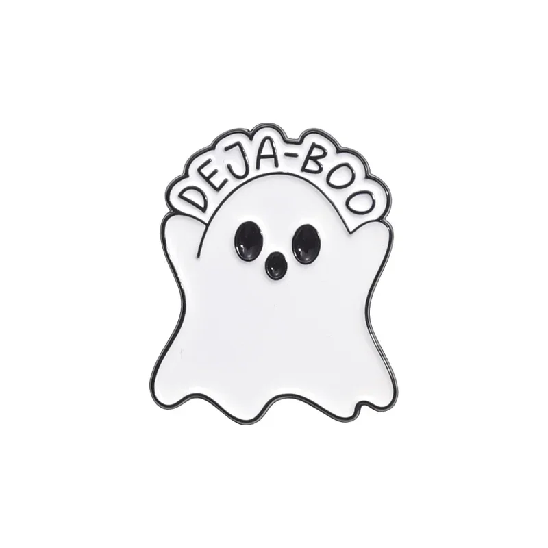Broszka emaliowana Halloween - duszek i czarny kot Antyczne posrebrzane
