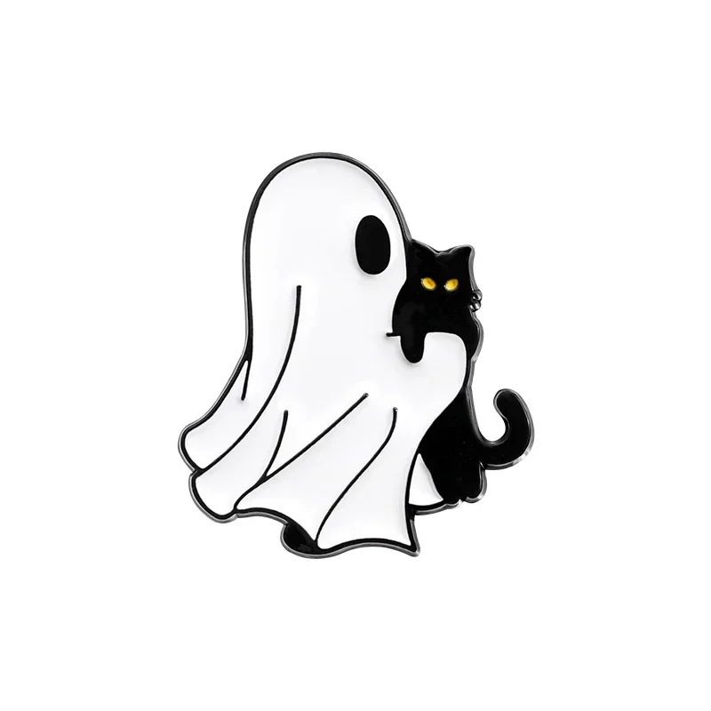 Broszka emaliowana Halloween - duszek i czarny kot Imitacja rodowana