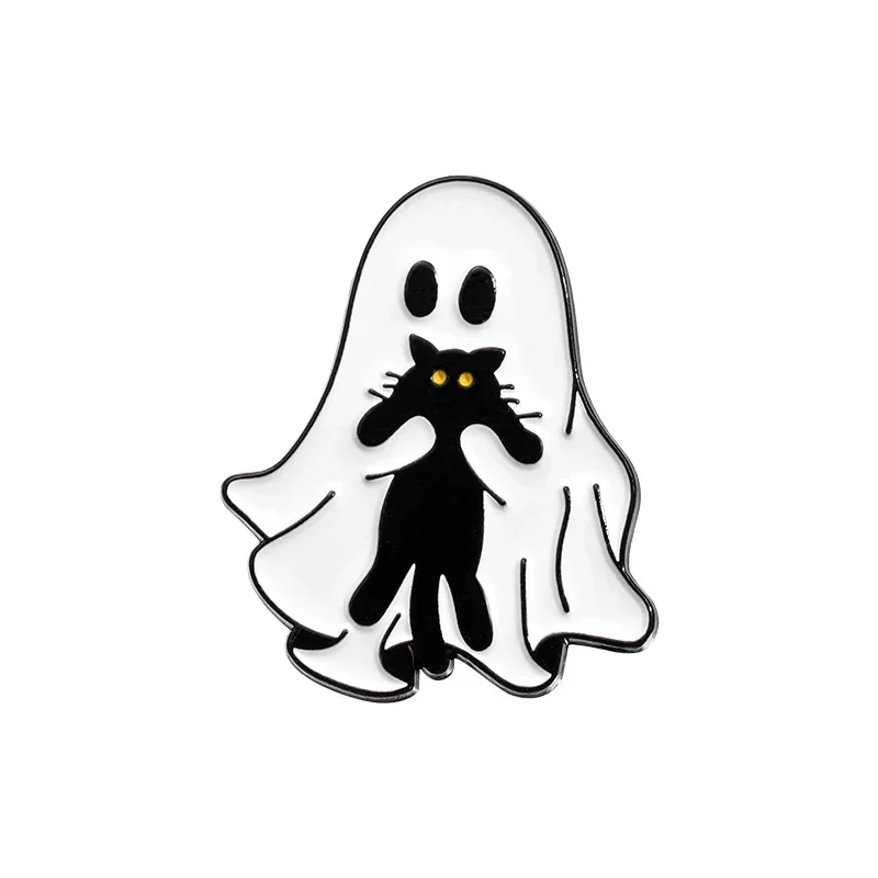 Broszka emaliowana Halloween - duszek i czarny kot Jasnożółty kolor