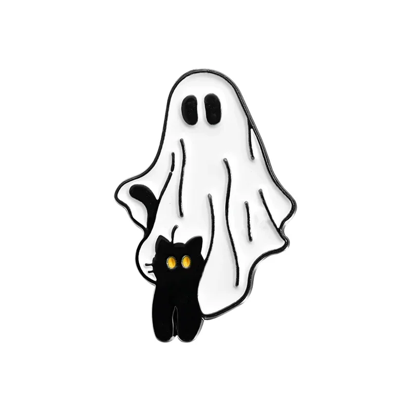 Broszka emaliowana Halloween - duszek i czarny kot Rodowany