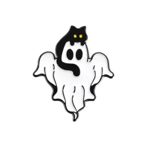 Broszka emaliowana Halloween - duszek i czarny kot Złoty kolor