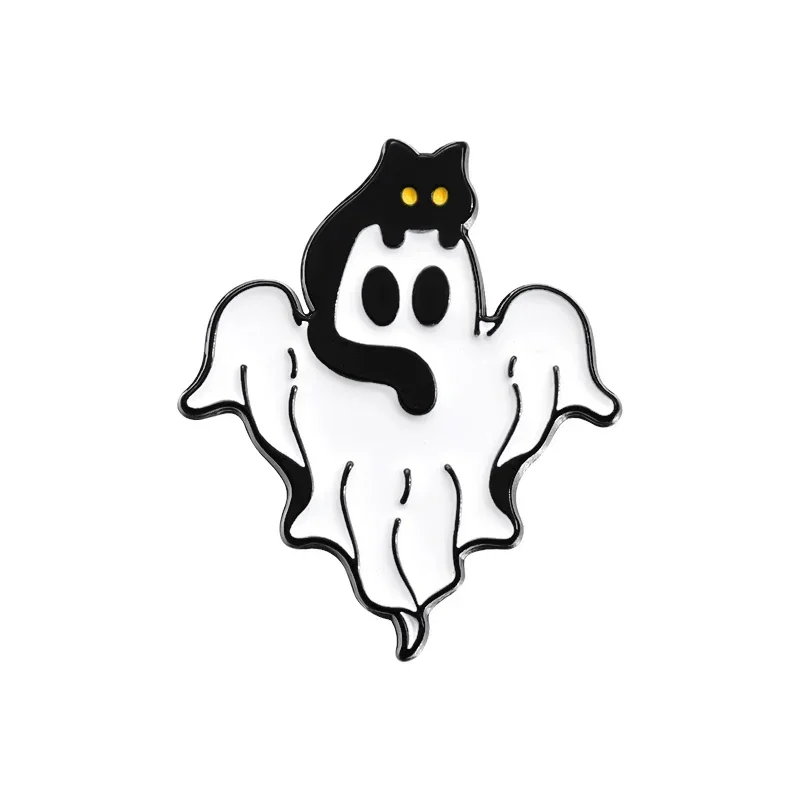 Broszka emaliowana Halloween - duszek i czarny kot Złoty kolor