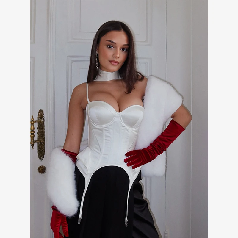 Bustier crop top na ramiączkach z wzorem rybiej ości Brązowy