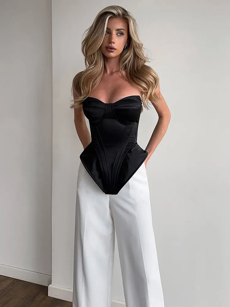 Bustier crop top na ramiączkach z wzorem rybiej ości Niebieski