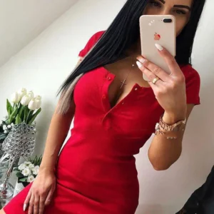Casualowa mini sukienka dzianinowa V-neck z guzikami na co dzień Czerwony