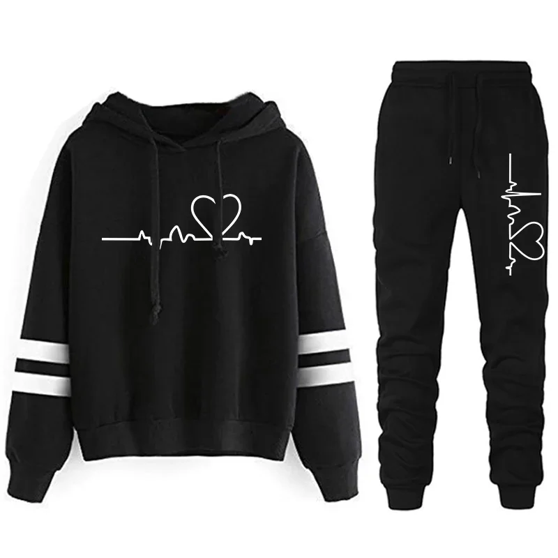 Casualowy dres damski w paski — bluza i spodnie dresowe Czarny
