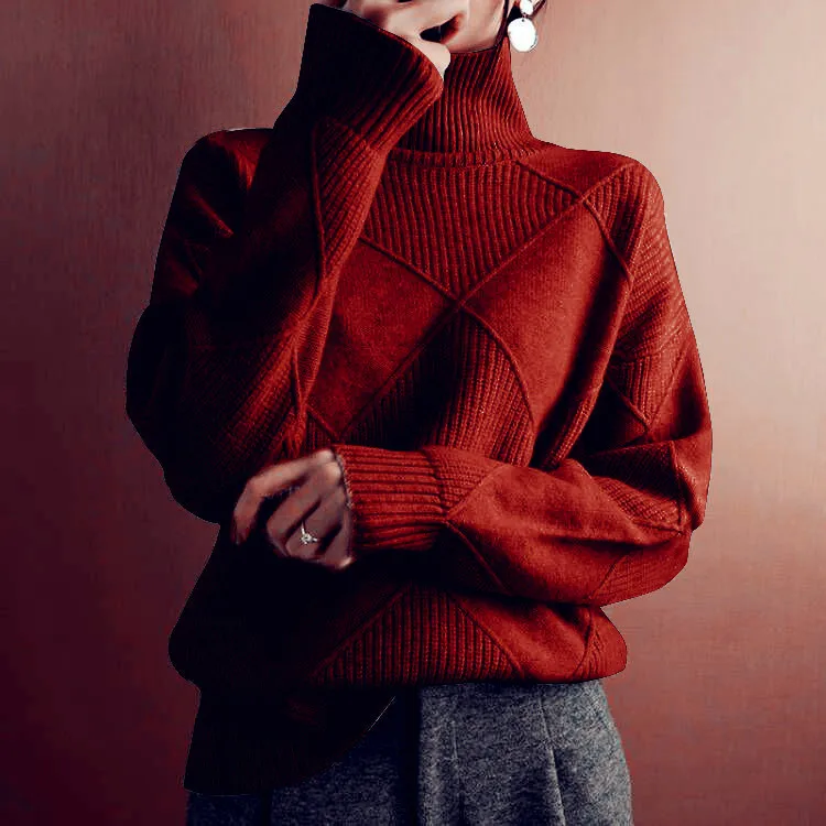 Casualowy sweter damski z dzianiny luźny długi rękaw zimowy Burgundia