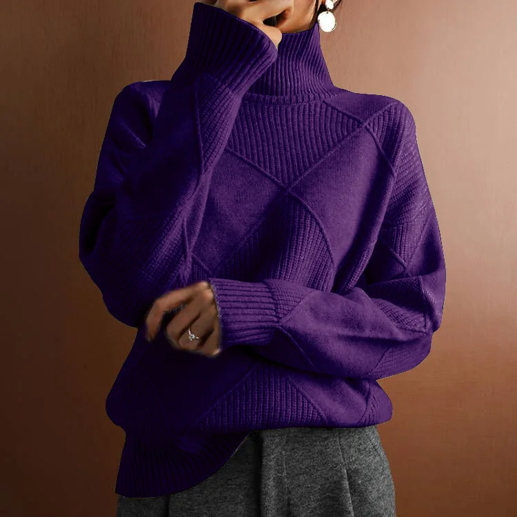 Casualowy sweter damski z dzianiny luźny długi rękaw zimowy Ciemny fiolet