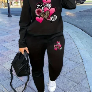 Casualowy zimowy komplet damski — bluza z sercem i spodnie dresowe hip-hop Czarny