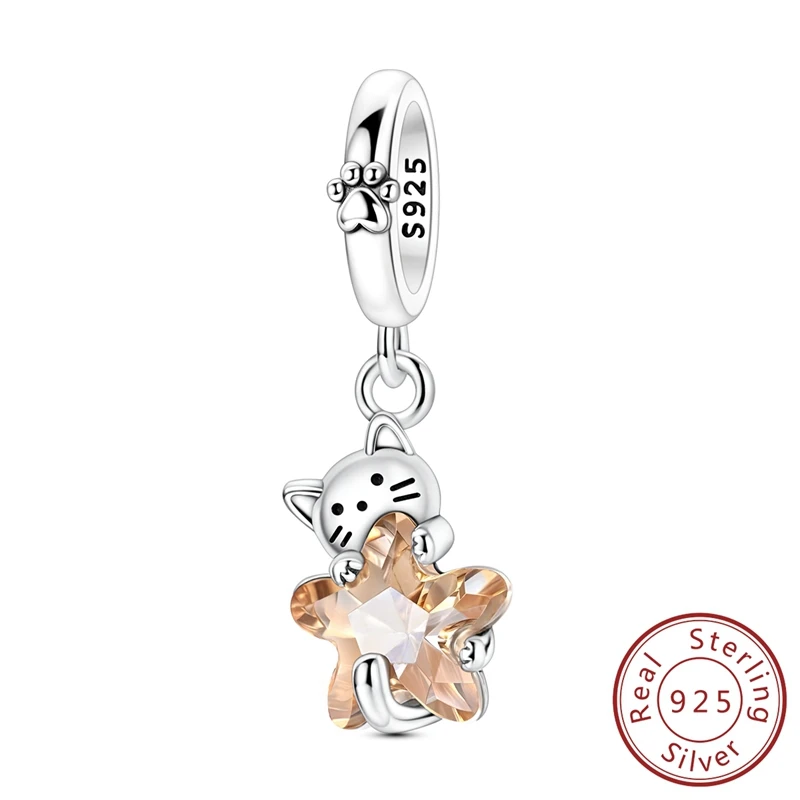 Charms zawieszki ze srebra 925 słonecznik gwiazda księżyc kot żółty