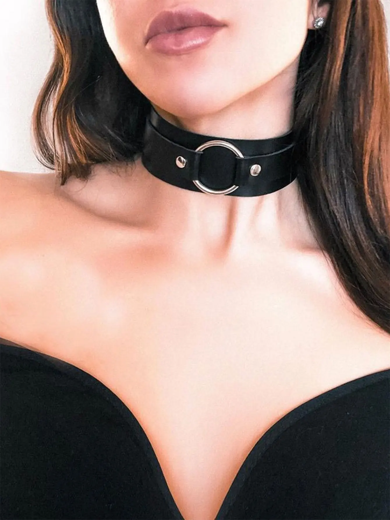Choker gothic punk z ekoskóry z kółkiem O-ring regulowany Zielony