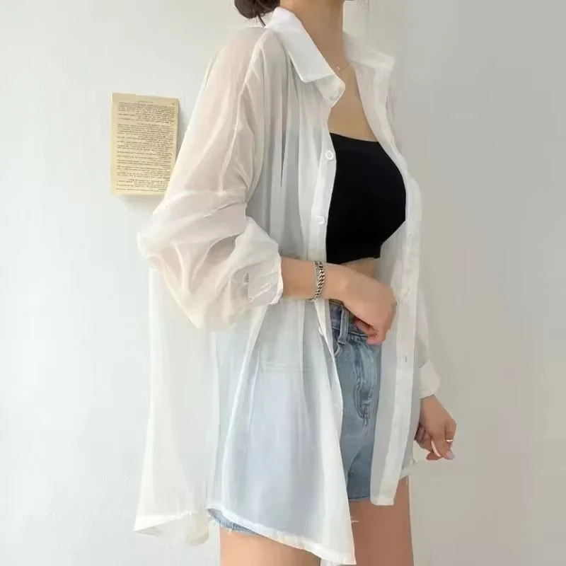 Cienka letnia koszula przepuszczająca światło — koreańska moda basic Błękitny