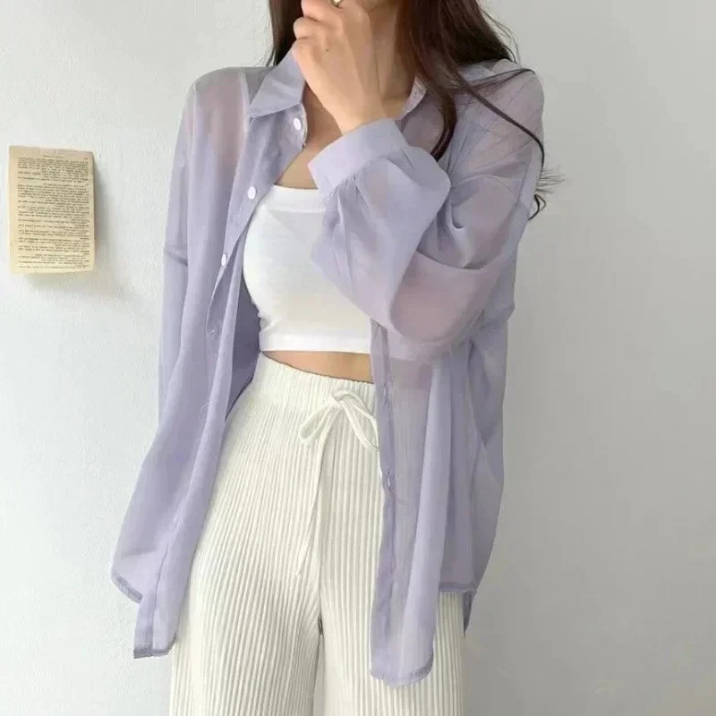 Cienka letnia koszula przepuszczająca światło — koreańska moda basic Ciemnoszary