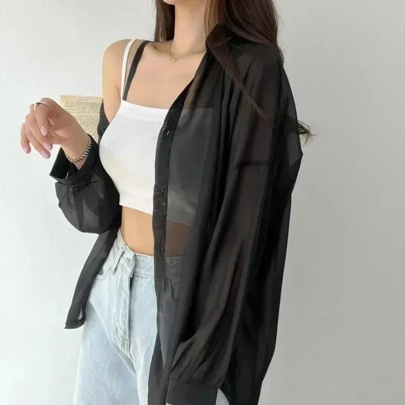 Cienka letnia koszula przepuszczająca światło — koreańska moda basic Czarny