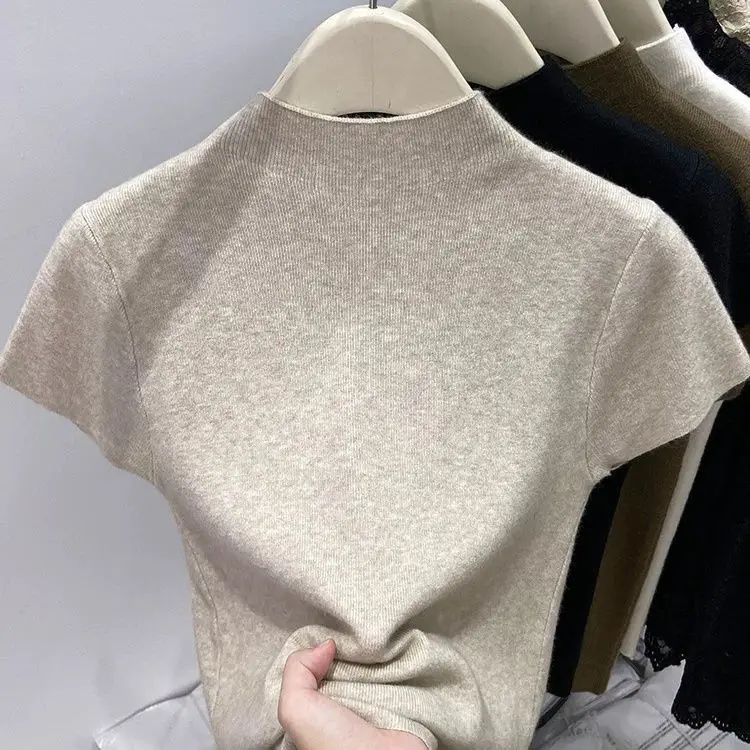 Cienki sweter z golfem i krótkim rękawem, bodycon Oatmeal