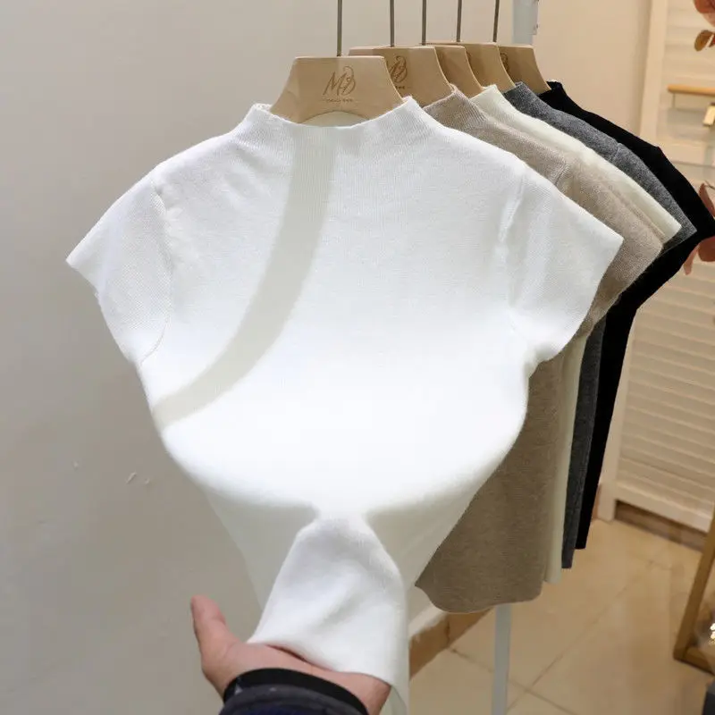 Cienki sweter z golfem i krótkim rękawem, bodycon Biały
