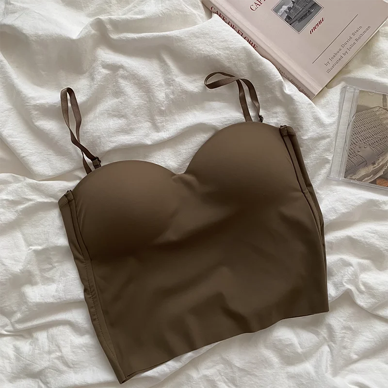 Cienki top na podwójnych paskach jednokolorowy camisole Ciemny brąz