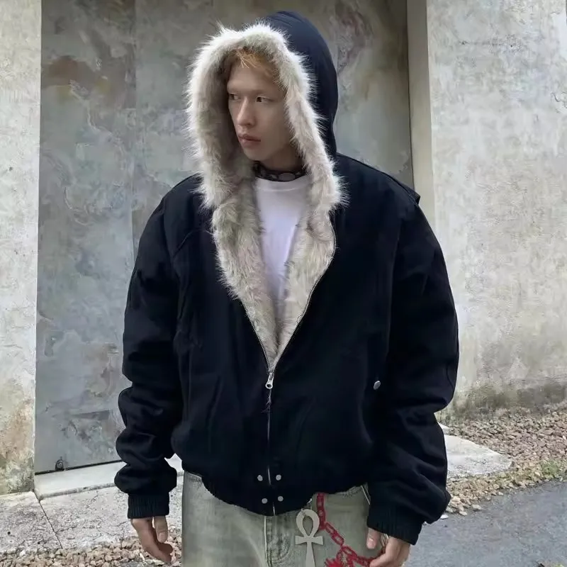 Ciepła kurtka bawełniana z kapturem i futrzanym kołnierzem w stylu punk Czarny