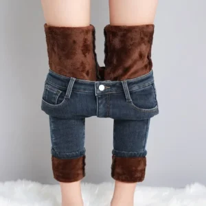 Ciepłe jeansy damskie na polar — termiczne skinny mama jeans Mięta