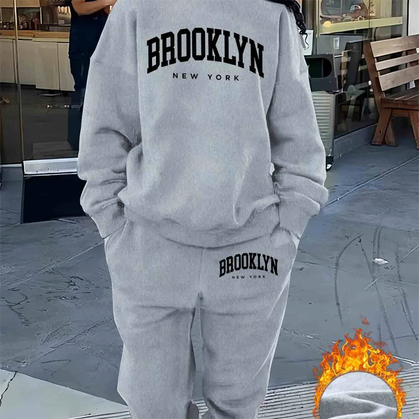 Ciepły dres damski z nadrukiem w stylu miejskim Brooklyn Szary