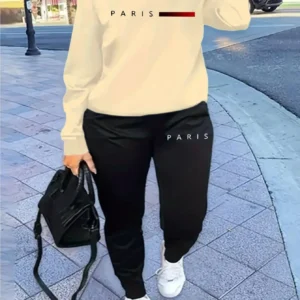 Ciepły komplet sportowy damski z napisem Paris — bluza i spodnie hip-hop Beżowy