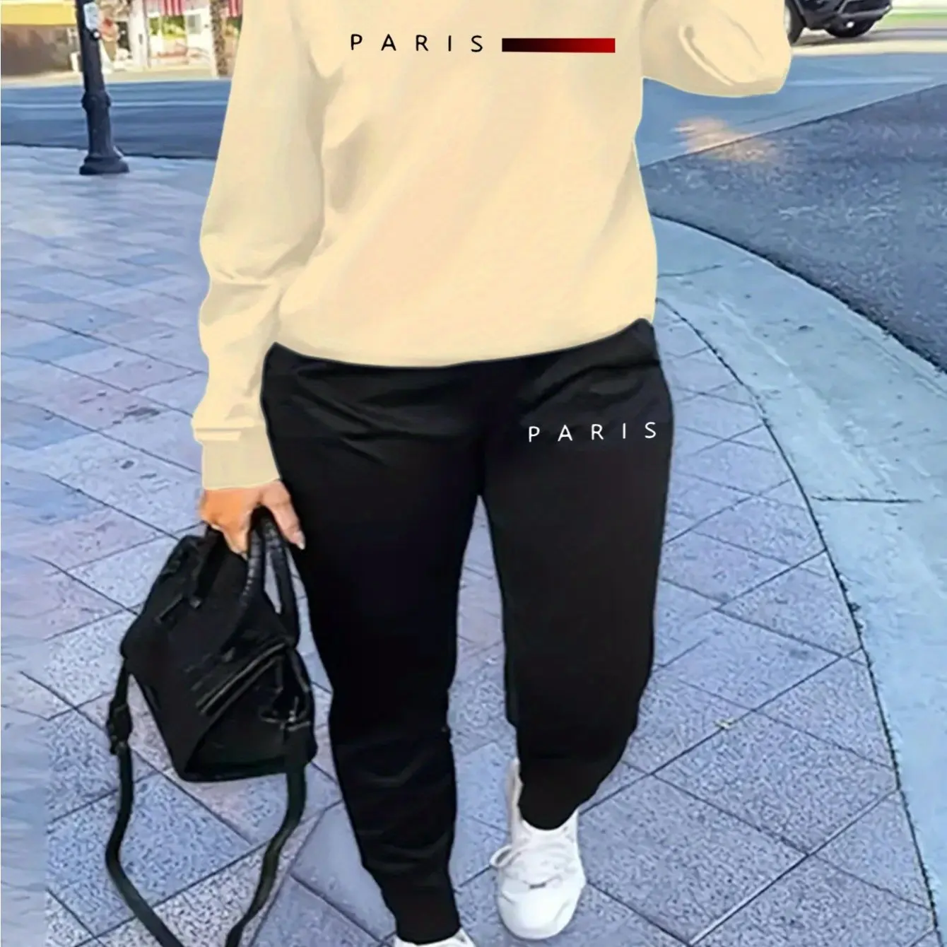 Ciepły komplet sportowy damski z napisem Paris — bluza i spodnie hip-hop Beżowy