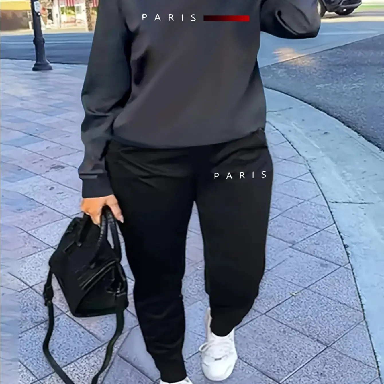 Ciepły komplet sportowy damski z napisem Paris — bluza i spodnie hip-hop Ciemnoszary