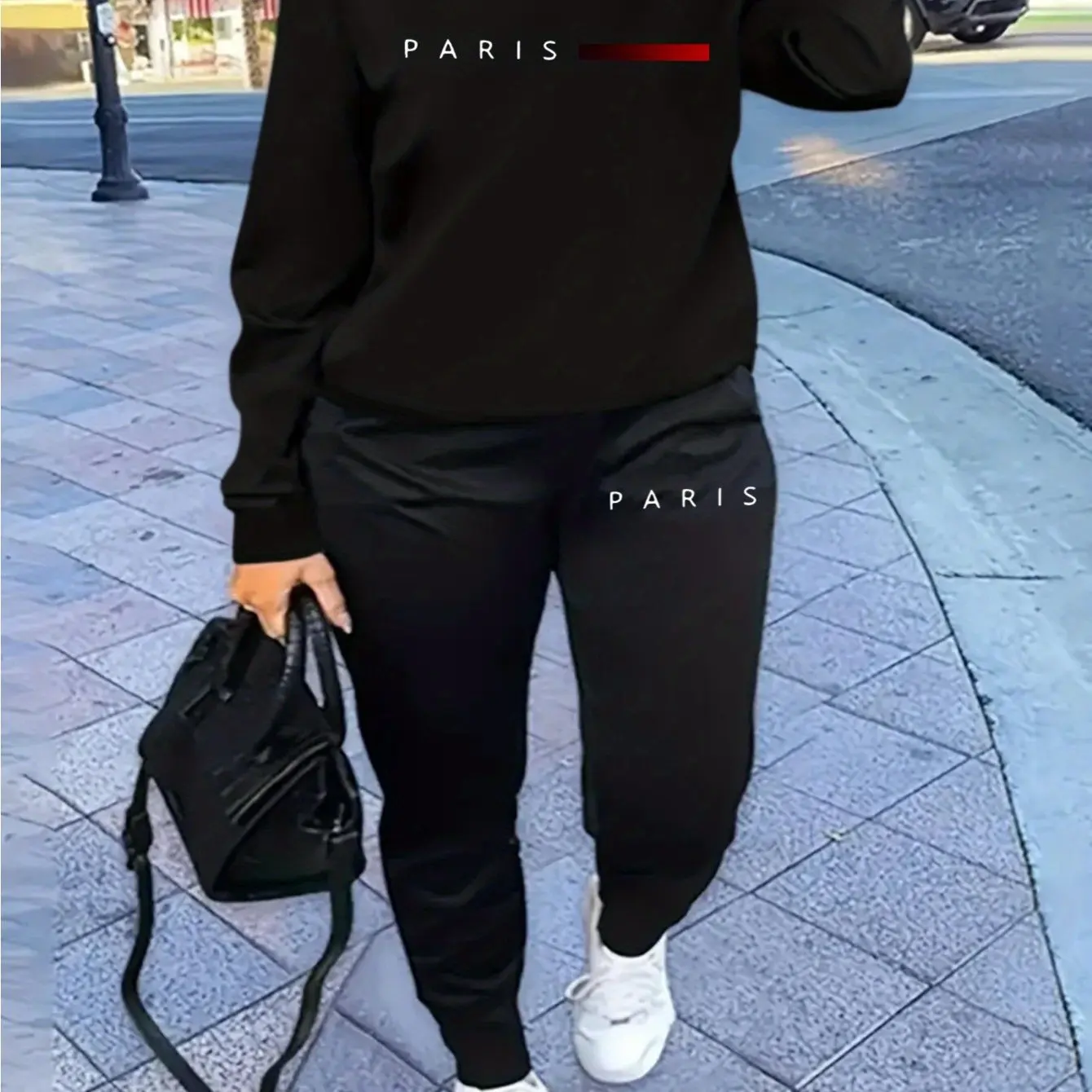 Ciepły komplet sportowy damski z napisem Paris — bluza i spodnie hip-hop Czarny