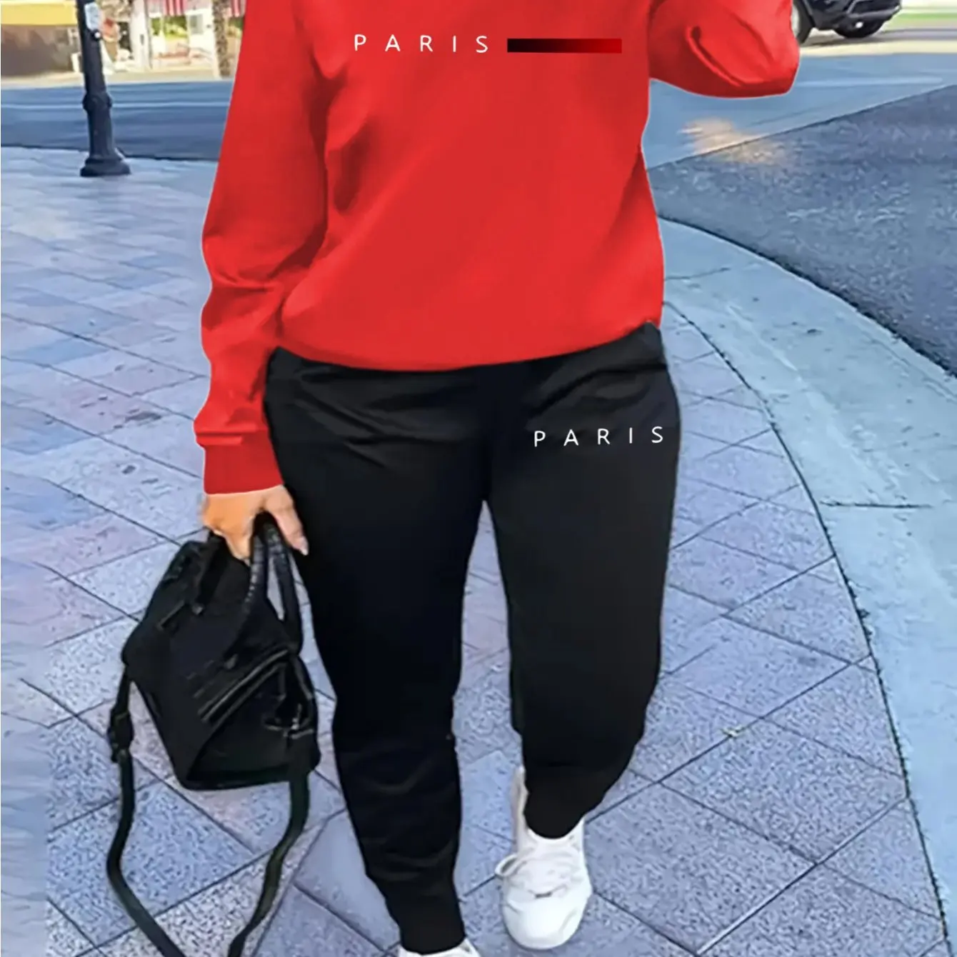 Ciepły komplet sportowy damski z napisem Paris — bluza i spodnie hip-hop Czerwony