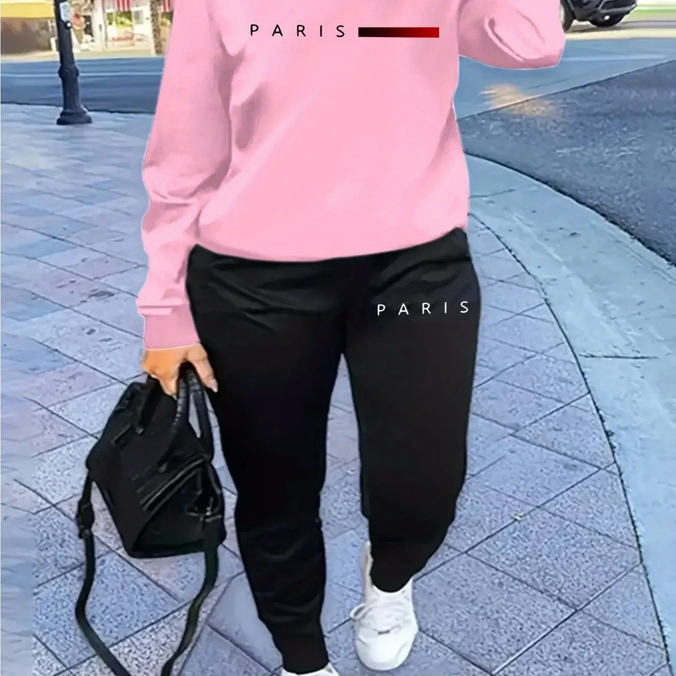Ciepły komplet sportowy damski z napisem Paris — bluza i spodnie hip-hop Różowy