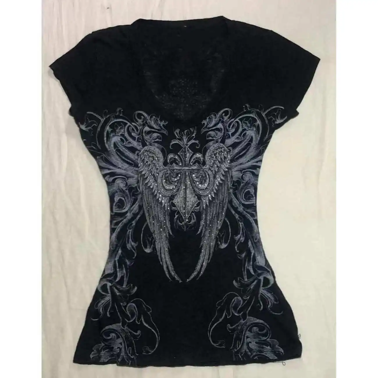 Crop top damski z nadrukiem w stylu Y2k Czarny