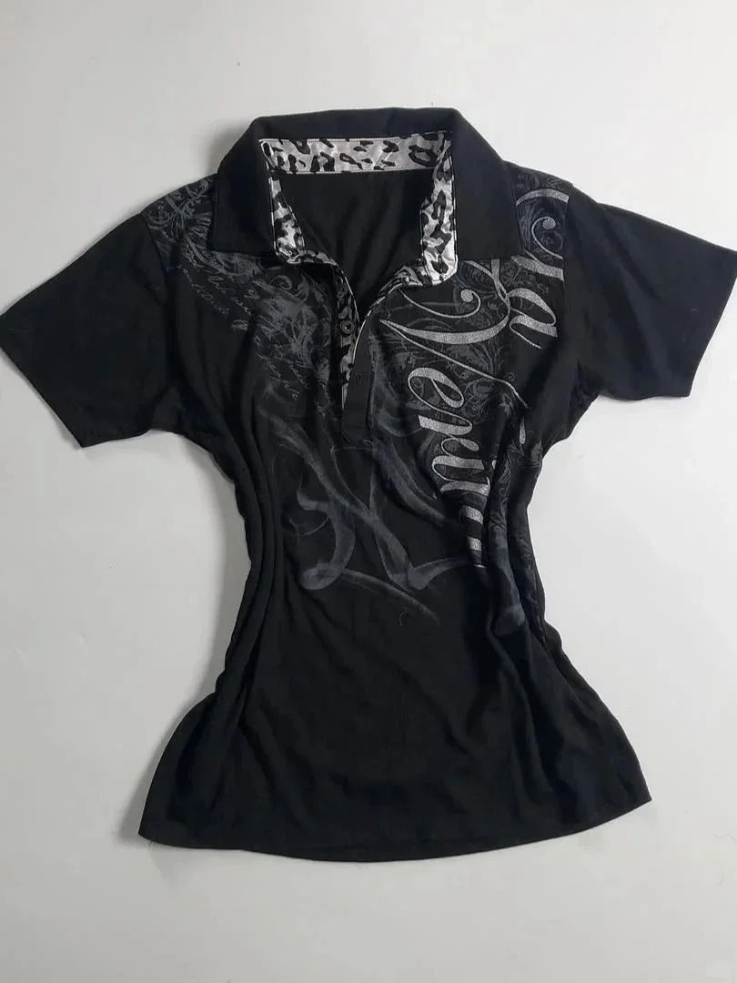 Crop top damski z nadrukiem w stylu Y2k Niebieski