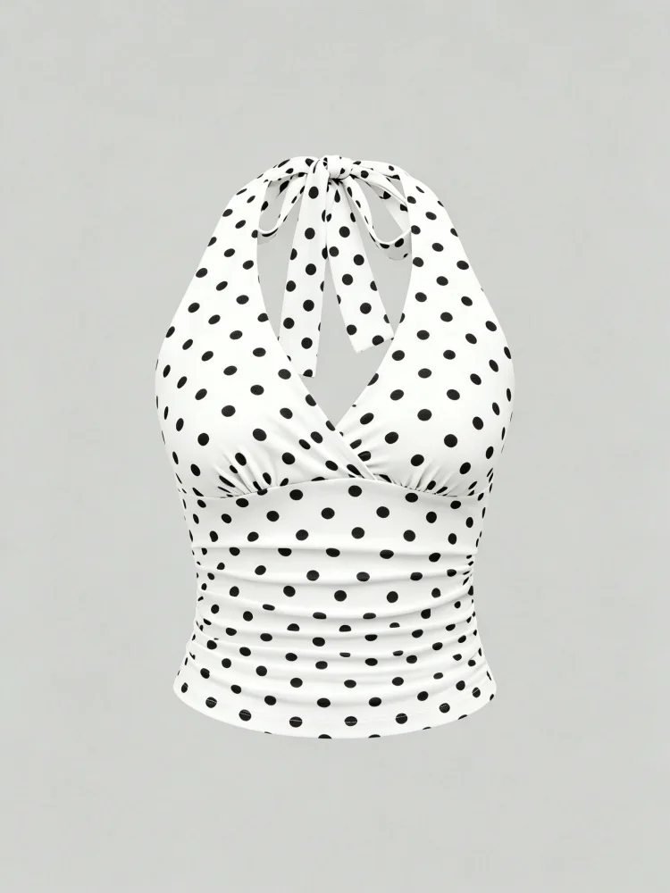 Crop top halter z marszczeniem i odkrytym dekoltem Beżowy