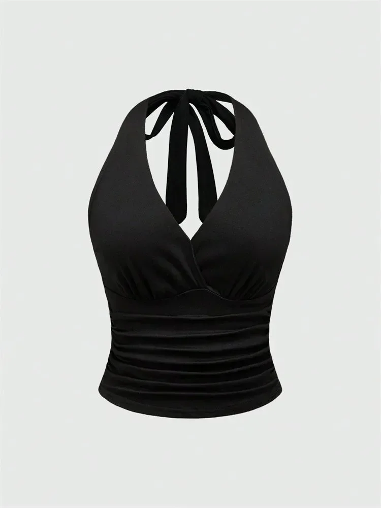 Crop top halter z marszczeniem i odkrytym dekoltem Czarny