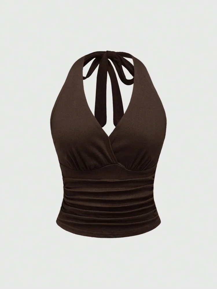 Crop top halter z marszczeniem i odkrytym dekoltem Kawa