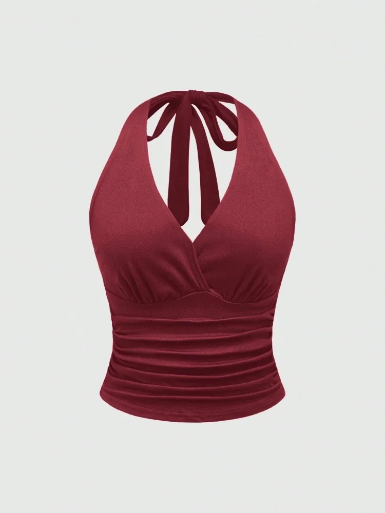Crop top halter z marszczeniem i odkrytym dekoltem Kolor czerwonego wina