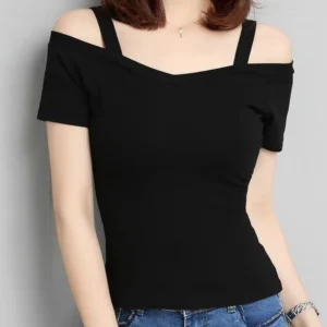 Crop top z odkrytymi ramionami dekolt V dopasowany Beżowy