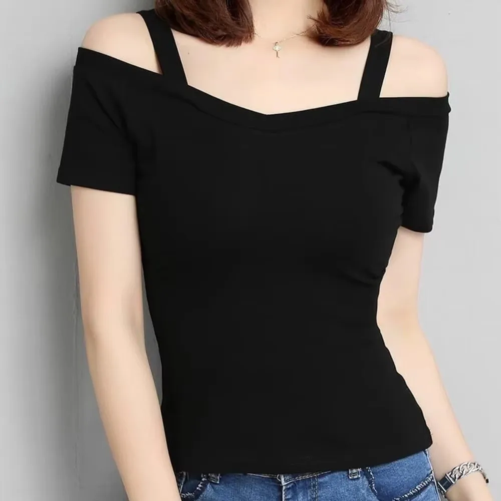 Crop top z odkrytymi ramionami dekolt V dopasowany Beżowy